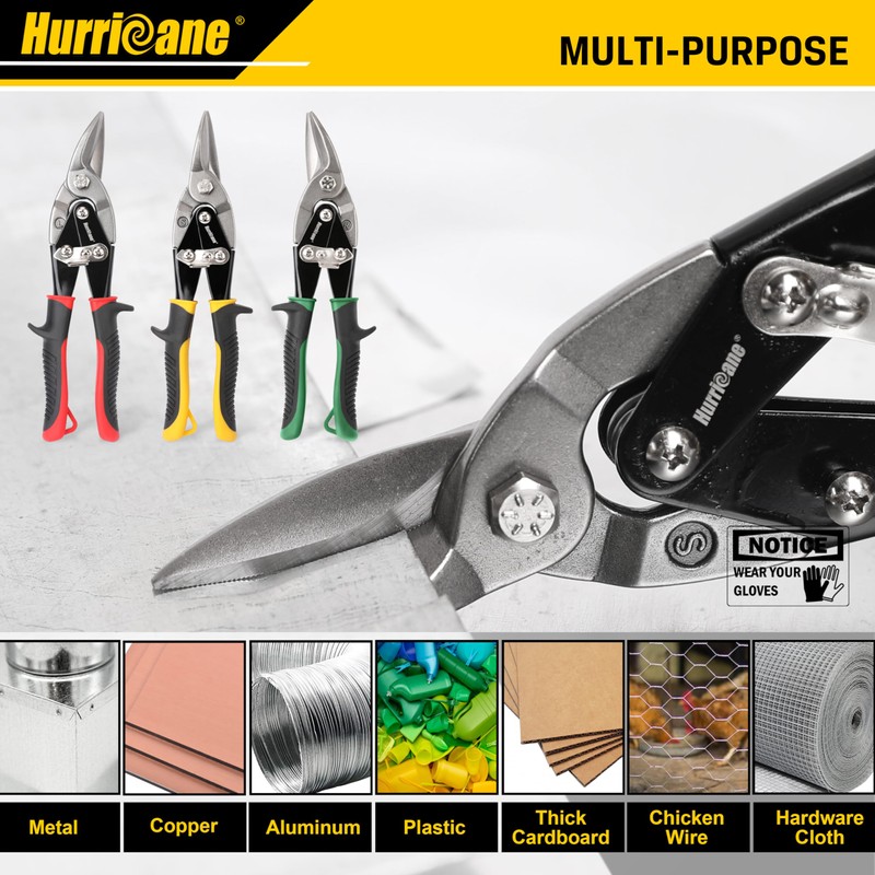 HURRICANE 3 pc Aviation Tin Snips Set, 10 inch Metal