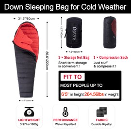 QEZER Cold Weather Sleeping Bag for Adults 650 FP Down Sleeping Bag for Backpacking Sleeping Bag with Compression Sack