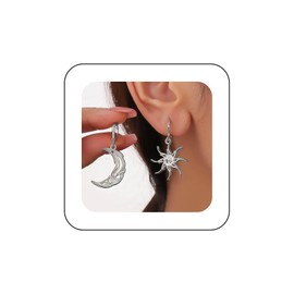 Inilbran Boho Sun Moon Earrings Vintage Crescent Moon Dangle Earrings Silver Celestial Sun Drop Earrings Asymmetrical Moon Star Hoop Earrings Jewelry for Women