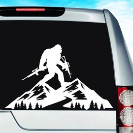 Bigfoot Sasquatch Holding Guns On Mountain Car Truck Decal Sticker | Multiple Sizes/Colors (8" Inch, Red)
