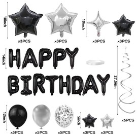 56 PCS Happy Birthday Balloons Happy Birthday Banner Silver and Black Balloons for Boys Men Girls Women 16th 18th 20th 21st 25th 30th 40th 50th 60th Birthday Party Decorations (Black)