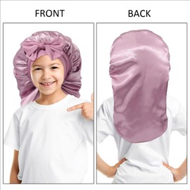 AWAYTR Long Toddler Silk Bonnet for Sleeping Elastic Satin Bonnets for Curly Hair Braid Night Cap for Aged 3-12 Kids (Rose Gold)