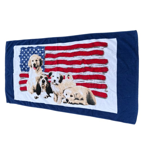 Vintage Dog Beach Towel Blue Red Patriotic American Flag Labrador