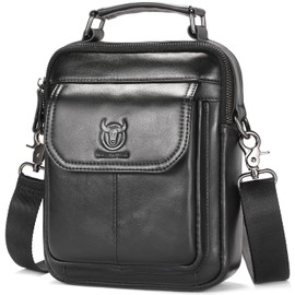 Leather Shoulder Bag for Men Casual Crossbody Bag Travel Vintage Messenger Bag Multi-function Handbag Satchel, Black