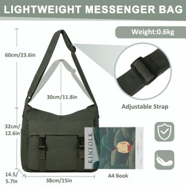 Canvas Messenger Bag,Lightweight Large Casual Crossbody Shoulder Hobo Bag for Women Men Work/Travel/College Green