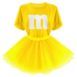 FONYFA - playera de disfraces de Halloween con letra M, falda tutú, playera de grupo de equipo, disfraces divertidos para Halloween, fiesta de Navidad, disfraz amarillo