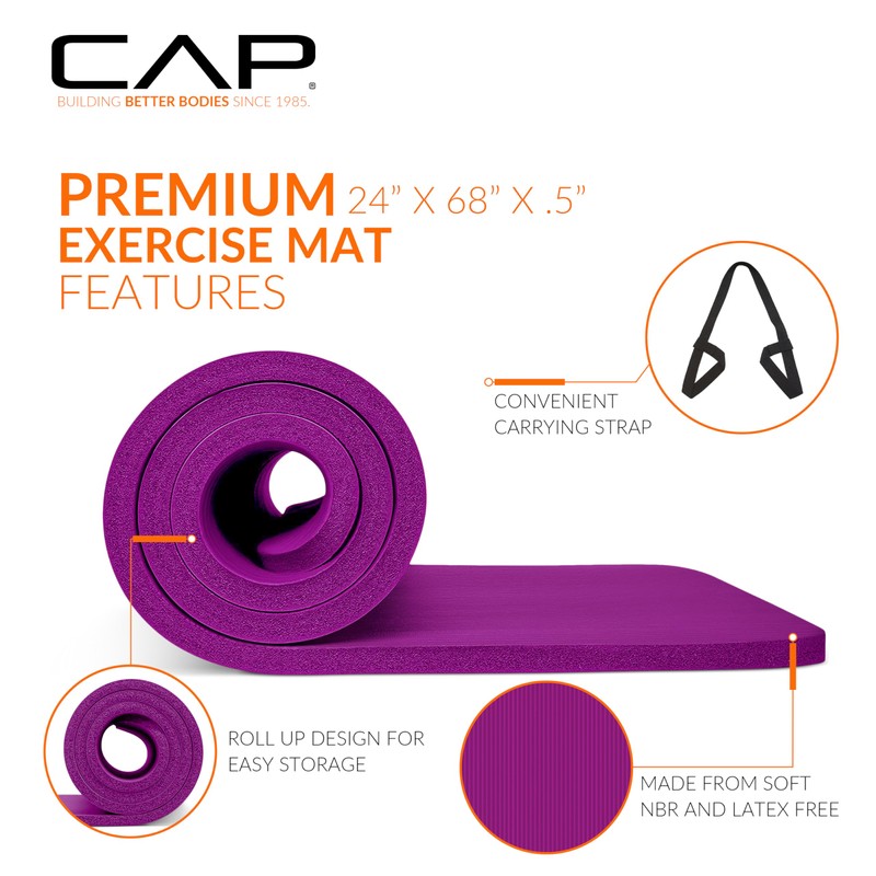 CAP Barbell Yoga Mat 1/2" Thick with Carrying Strap -