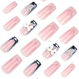 Press On Nails with Nail Glue, Butterfly Flower Bow Star Designed in Glue on Nails, Fake Nails, Short Square Almond Ballet Shape for Stick On Nails on 24PCS (Black Pink French)