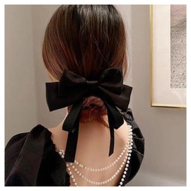Xduargs Vintage Silk Bow Hair Clips Big Bow Hair Clips Wedding Bridal Bowknot Hair Barrettes French Silk Bow Knot Hair Clip Barrette Accessories French Bowknot Clip Headpiece for Women(Black)