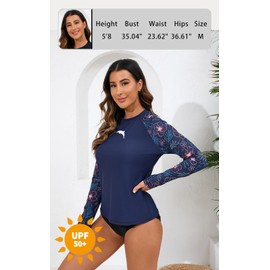 Halcurt Women's Long Sleeve Rash Guard Swim Top UPF50+ SPF Sun Protection Swimsuit Quick Dry Bathing Suit Navy Floral XL