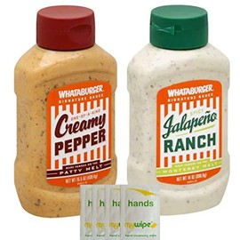 Signature Sauces 2-PACK Bundle, One (1) 14 fl oz Spicy Jalapeno Ranch, One (1) 15.5 fl oz Creamy Pepper, & Six (6) Wet Wipe Towelettes