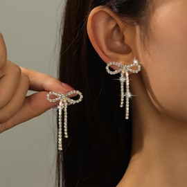 Gold Bow Earrings for Women Trendy Gold Rhinestone Earrings Dangling Gold Sparkly Dangle Bow Earrings for Women Wedding Earrings for Brides Bow Jewelry for Women (Gold)