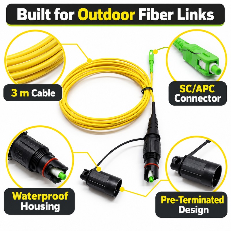 3M SC/APC Single-Mode Fiber Patch Cord – Waterproof Pre-Terminated Optical