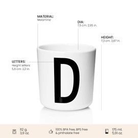 Design Letters Melamine Sippy cups for Baby 7 Oz A-Z | Kids Cups Designed in Denmark Reusable Cup for Baby 6+ Month|Learning Cup BPA/BPS Free | Children Drinking Cup Dishwasher Safe, Toddler Cup White