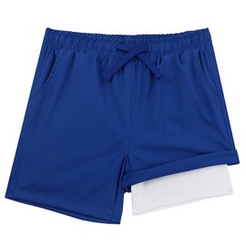 LACOFIA Boys Swimming Shorts 2 in 1 Kids Swim Trunks with Compression Liner Elasticated Waist Boardshorts Children Summer Beach Shorts Quick Dry Blue 13-14 Years