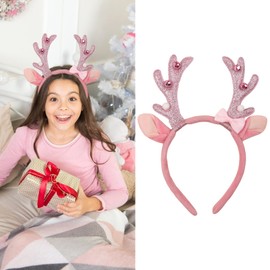 Xepeelo Pink Antlers Headbands Christmas Hairband Pink Glitter Deer Horn Hair Hoop Cute Bow Bell Design Christmas Deer Ear Hair Band Woman Girls Hair Decoration for Christmas Winter Party Cloth Match