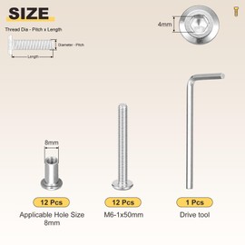 METALLIXITY Furniture Connector Bolt Cap Nut Kit with Wrench(M6-1x50mm) 24Pcs, Connector Bolts M6 Screw Barrel Nuts Binding Screws, for Chair Cabinet Bed, Silver