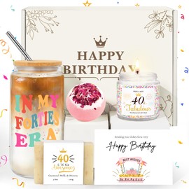 40th Birthday Gifts Women, Unique 40th Birthday Gift Box for 40 Year Old Women, Her, w/In My Forties Era 16oz Coffee Cup, 40 Fabulous Candle, 5PCS