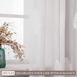 MIULEE 2 Panels Sheer Curtains White Embroidered Leaves Sheer Curtains Elegant Grommet Window Voile Panels/Drapes/Treatment for Bedroom Living Room (54X84 Inch)