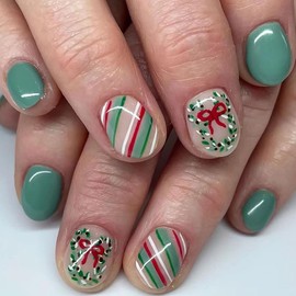 Christmas Press on Nails Short Square Fake Nails Green Full Cover Red Bow False Nails with Designs Candy Cane Glossy Glue on Nails Acrylic Nails Manicure Artificial Nails for Women Girls 24Pcs