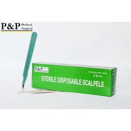 Disposable Scalpels Sterile Surgical Blade Size 10 11 12 15 21 22 Stainless Steel with Plastic Handle & Metric Line Individually Foil Wrapped by P&P Medical Surgical Box of 10 (21)