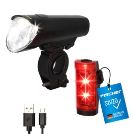 FISCHER Set di luci a LED per bicicletta Small-box, resistente agli spruzzi, ricaricabile, facile da montare, nero, 1 pezzo