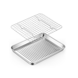 TeamFar Toaster Oven Pan with Rack, Stainless Steel Mini Baking Tray with Cooling Rack for Compact Toaster Oven, 9 Inch, Corrugated Bottom & Grid Mesh, Healthy & Heavy-Duty, 1 Pan + 1 Rack