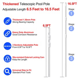S-Union Thickened Telescopic 16.5 Feet Pool Pole, Upgraded Heavy Duty Aluminum Swimming Pool Cleaning Pole, Adjustable Length 6.5 to 16.5 Feet, Universal Pole for Skimmer Net Rake Brush Vacuum Head | S-Union