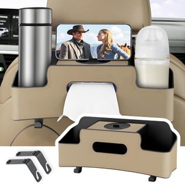 POVTIMS Car Seat Organizer with 2 Drink Cup Holders, Tissue Box, Phone Holder and Hook, Multi-Purpose Storage Bag for Cars, Great for Kids, Road Trips and Travel (Beige)