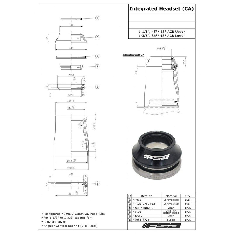 FSA No.44E 1-1/8" - 1-3/8" Integrated Headset With Top Cap