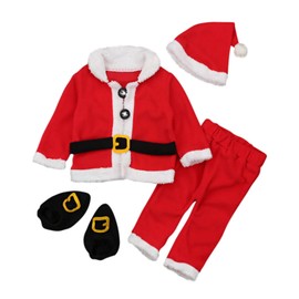 Qianderer Toddler Kids Boys Girls Christmas Outfits 4Pcs Coat Pants Hat Socks Children's Santa Baby Christmas Cosplay Costume (Ba Red 4pcs, 9-12 Months)