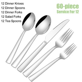 60 Pieces Silverware Set, Stainless Steel Flatware Set for 12, Tableware Cutlery Set, Kitchen Eating Utensils Include Forks/Spoons/Knives with Gift Package, Square Edge & Mirror Polished