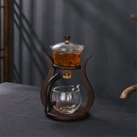 Aoheuo Lazy Kungfu Glass Tea Set Magnetic Water Diversion Rotating Cover Bowl Semi-Automatic Glass Teapot Suit (Wooden)