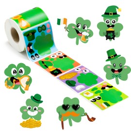 Haooryx 300PCS St Patrick’s Day Sticker Scene Roll Make Your Own Irish Shamrock Face Stickers DIY Lucky Clover Self Adhesive Sticker Art Craft for Kids Sticker Game St Patrick Party Favor Gift Supply