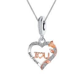 KunBead Best Friend Friendship Rose Flower Heart I Love You 18 inch Family Charm Birthday Pendant Necklace for Women