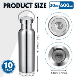 Mimorou 10 Pack Insulated Water Bottle 20 oz Stainless Steel Sport Bottle Bulk Double Wall Metal Reusable Flask with Leakproof Lid of Handle for Travel Cyclists School Gift(Silver)