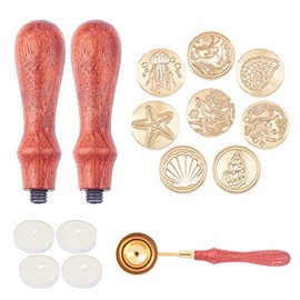 CRASPIRE Wax Seal Stamp Set Ocean Theme Sealing Wax Kit with 8pcs Brass Heads, 2pcs Rosewood Handle, a Spoon and 4pcs Candles for Letter Envelopes Invitations Wedding Letters Gift Packing