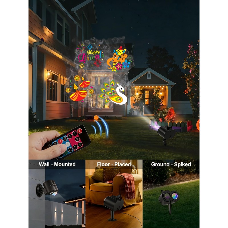 Happy Diwali Projector Lights Outdoor, 2-in-1 Moving Patterns Projector, Festival