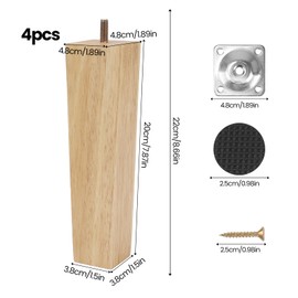 Luabue Pack of 4 Wooden Furniture Feet 20 cm Square Wooden Legs for Furniture for Cabinets Sofa Bed Table with Mounting Plate, Non-Slip Pads and Screws