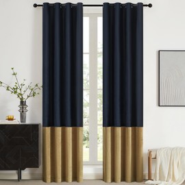 BULBUL Color Block Window Curtains Panels 84 inches Long Navy Blue Gold Velvet Farmhouse Drapes for Bedroom Living Room Darkening Treatment with Grommet Set of 2