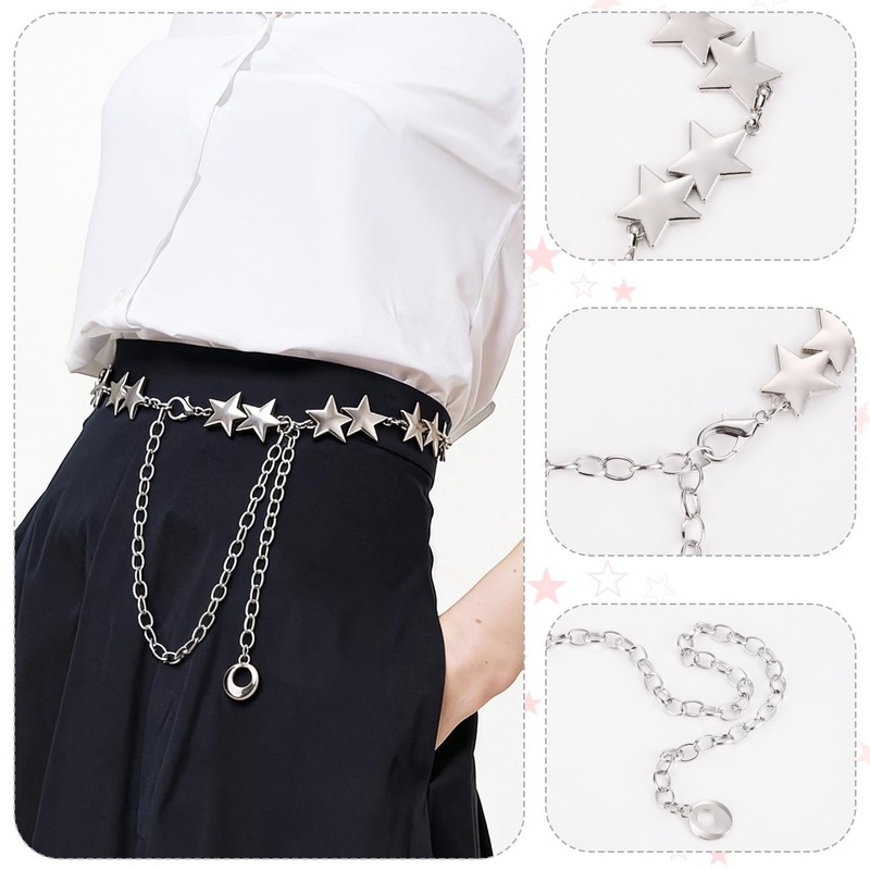 IHFAIO Y2K Chain Belts for Women, Star Waist Chain, Silver