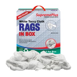 SupremePlus Recycled White Terry Cloth Rags (5 lbs. Compressed Box) - High Absorbent Terry Towel Cleaning Rags for Cleaning House, Industrial & Workshops, Bulk Shop Rag