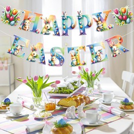 Easter Party Decorations Set, Pre-Strung Happy Easter Banner, Easter Egg Bunny Hanging Swirls, Multi-Color Egg Bunny Decor Kits for Home Office School Classroom Easter‘s Day Themed Party Decorations