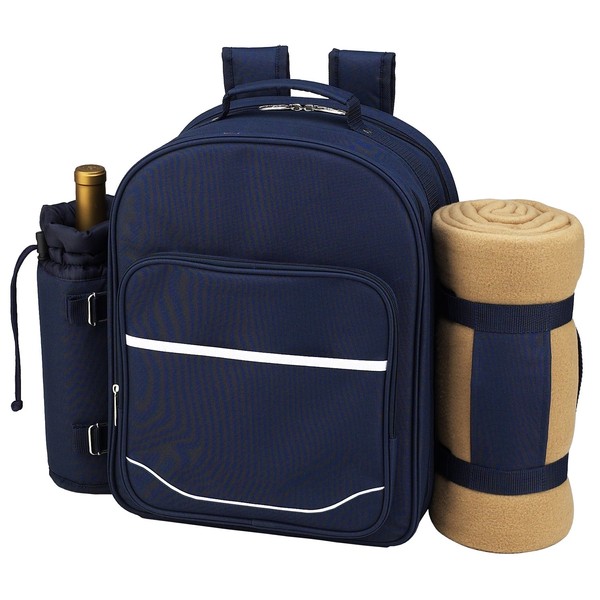Picnic at Ascot - Deluxe Equipped 4 Person Picnic Backpack with Cooler, Insulated Wine Holder & Blanket - Trellis Blue