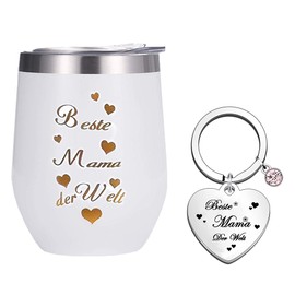 Edelstahl Kaffeebecher mit Gravur Geschenk für Mama - Beste Mama der Welt Thermobecher für Mutter, Muttertag Geburtstag Geschenk-350ml Weiß Doppelwandig Isolierbecher mit Schlüsselanhänger