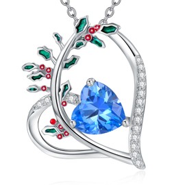 SELKAT Birth Flower Necklace 936 Sterling Silver Birthstone Necklace Birth Month Flower Necklace for Women Floral Heart Pendant Jewelry Birthday Gifts for Mother Wife Friends-Holly-12