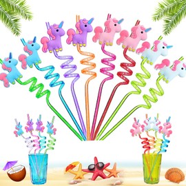 Reusable Straw, Pack of 8 Unicorn Straws for Children, Plastic Curly Straws, Birthday Party Straws, Reusable Straws, Decorations for Children's Birthday Parties