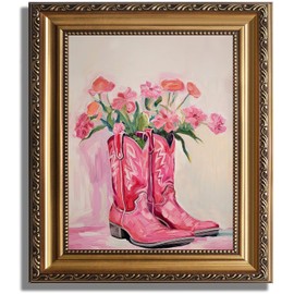 ASTRDECOR Coastal Cowgirl Boots Wall Art, Framed Pink Cowboy Boots with Flower Painting, Vintage Western Country Aesthetic Canvas Prints for Teen Girls Bedroom, Dorm, Living Room Decor, Room Art