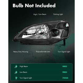 SCITOO Headlights for 2001 2002 2003 for Honda Civic Pair Headlight Assembly Black Housing Clear Reflector 33151S5PA01