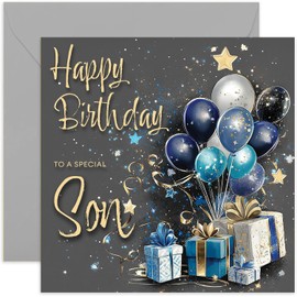 Special Male Birthday Card for Son - Bday Greeting Cards for Him - Blue and Gold Gifts and Balloons Artwork for Men - Stylish and Traditional Designs - Blank inside with Envelope